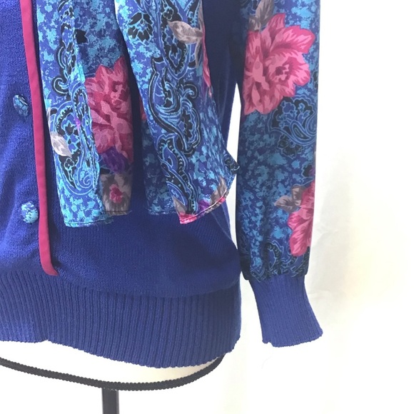 EUC Vintage Anthony Sicari 2pc Womens Blue Floral Scarf & Sweater Size 6 - Picture 8 of 9